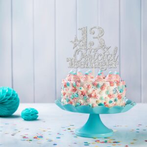 Glitter Silver 13 Official Teenager Birthday Cake Topper for Boy or Girl, Happy 13th Birthday Party Decoration, Hello 13 Cake Topper, Cheers to 13 Years, 13th Birthday Anniversary Party Supplies