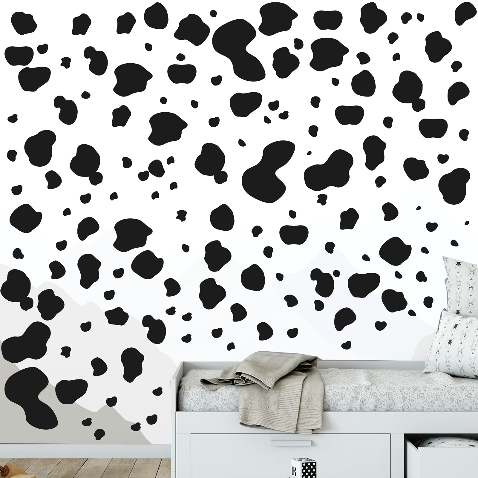 184 Pcs Cow Print Stickers, Adhesive Cow Wall Stickers Cow Print Vinyl Wall Art Decal Removable Cow Print Wall Decor Waterproof Animal Design Cow Decals for Walls Bedroom Living Room Nursery (Black)