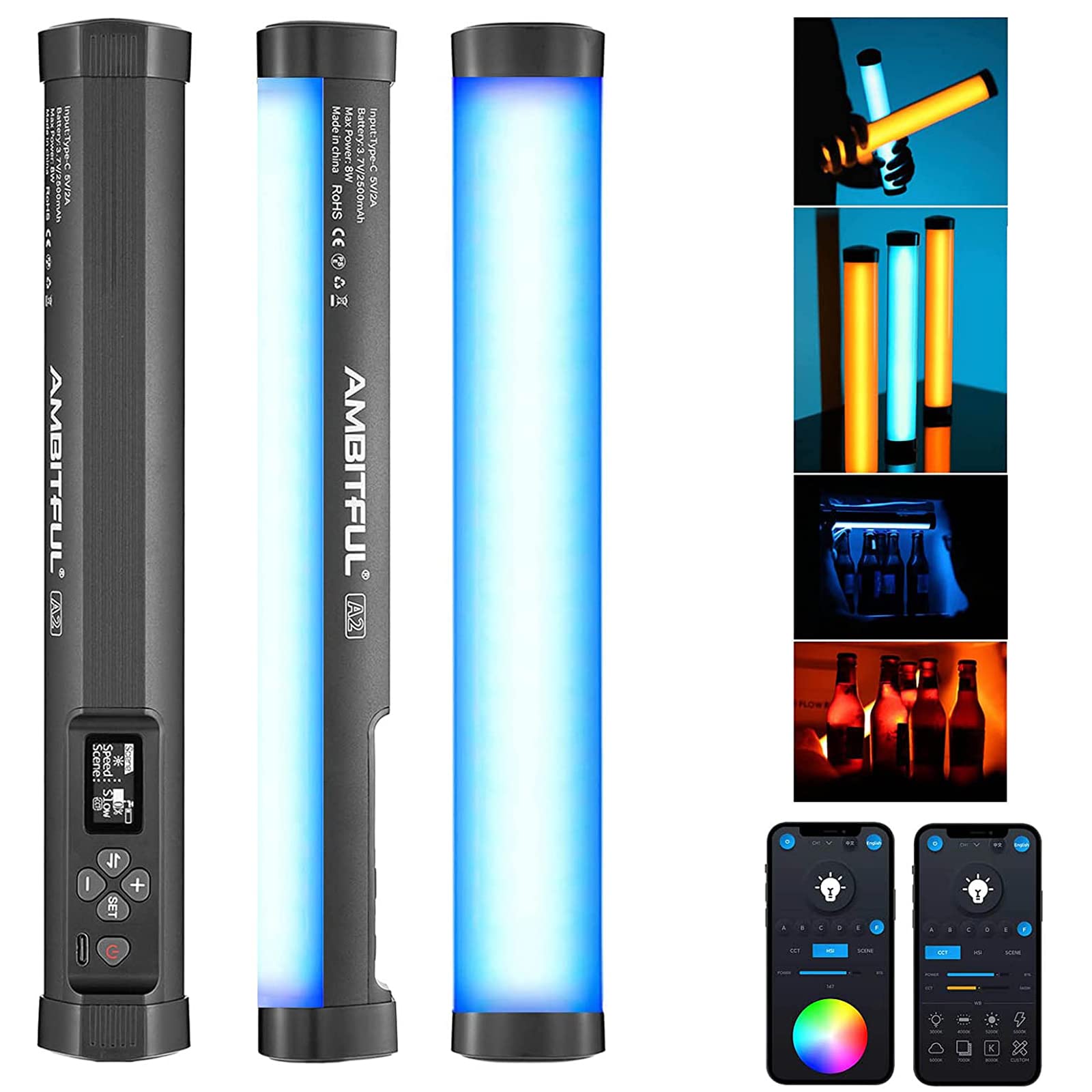 AMBITFUL A2 Full-Color RGB Tube Light, CRI 95 TLCI 97 Accurate Color,2500k-8500K Adjustable,RGB CCT HSI Mode, 29 Fx Light Effect,APP Control Support, Brightness Adjustable, Magnet Design (A2)