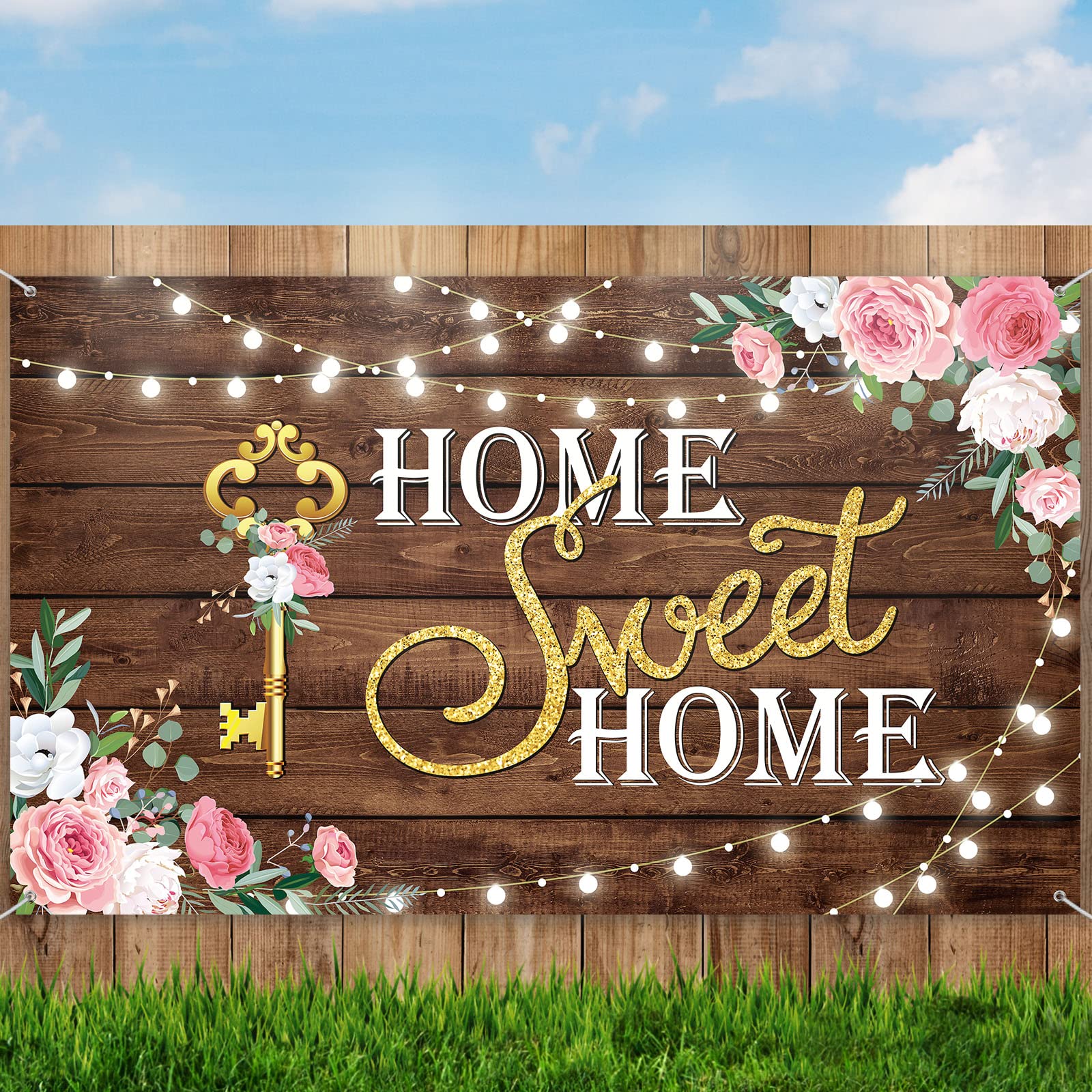 House Warming party Decoration Home Sweet Home banner Backdrop Photography Key Shining Lights Background Pink Floral Wooden Floor Wedding Photo Booth Props 70.8x43.3inches