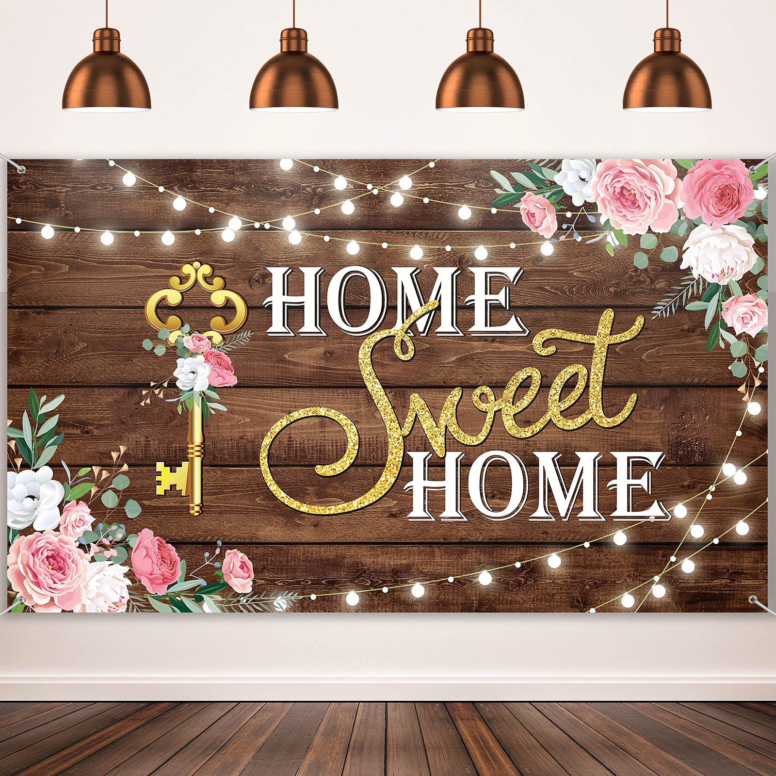 House Warming party Decoration Home Sweet Home banner Backdrop Photography Key Shining Lights Background Pink Floral Wooden Floor Wedding Photo Booth Props 70.8x43.3inches