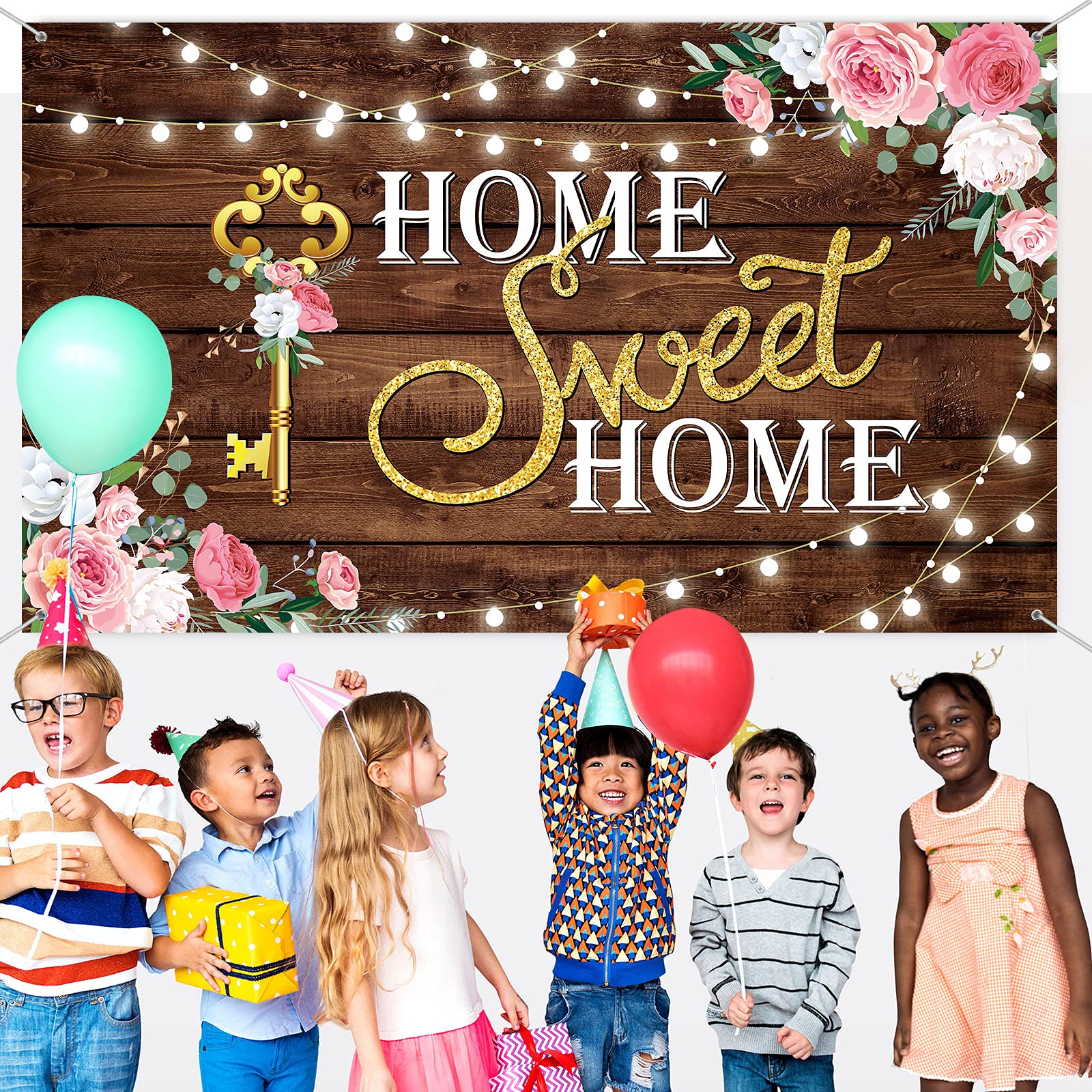 House Warming party Decoration Home Sweet Home banner Backdrop Photography Key Shining Lights Background Pink Floral Wooden Floor Wedding Photo Booth Props 70.8x43.3inches