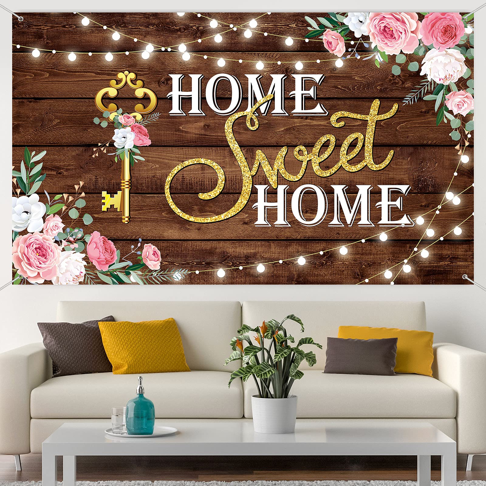 House Warming party Decoration Home Sweet Home banner Backdrop Photography Key Shining Lights Background Pink Floral Wooden Floor Wedding Photo Booth Props 70.8x43.3inches