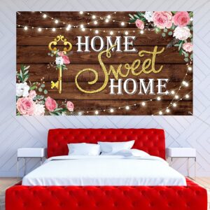 House Warming party Decoration Home Sweet Home banner Backdrop Photography Key Shining Lights Background Pink Floral Wooden Floor Wedding Photo Booth Props 70.8x43.3inches