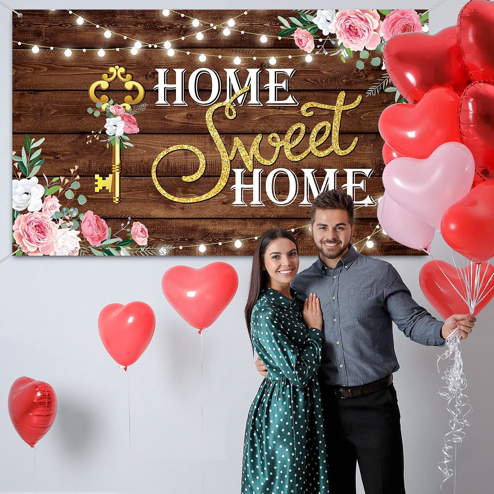 House Warming party Decoration Home Sweet Home banner Backdrop Photography Key Shining Lights Background Pink Floral Wooden Floor Wedding Photo Booth Props 70.8x43.3inches