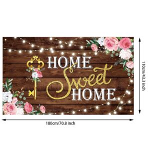 House Warming party Decoration Home Sweet Home banner Backdrop Photography Key Shining Lights Background Pink Floral Wooden Floor Wedding Photo Booth Props 70.8x43.3inches