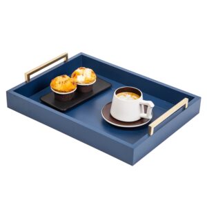 decorative coffee table ottoman trays modern wood elegant 16"x12" rectangle glossy shagreen serving trays with champagne gold handles -drinks, liquor serving platter for all occasion's(blue)