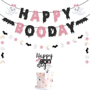 pink black happy boo day banner happy boo day cake topper for pink and black girl halloween birthday party decorations