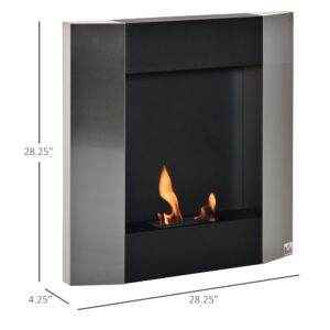 HOMCOM Ethanol Fireplace, 28.25" Wall-Mount 0.2 Gal Stainless Steel 215 Sq. Ft., Burns up to 1 Hour, Silver/Black