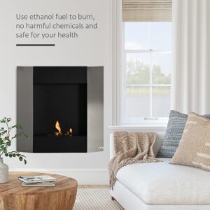 HOMCOM Ethanol Fireplace, 28.25" Wall-Mount 0.2 Gal Stainless Steel 215 Sq. Ft., Burns up to 1 Hour, Silver/Black