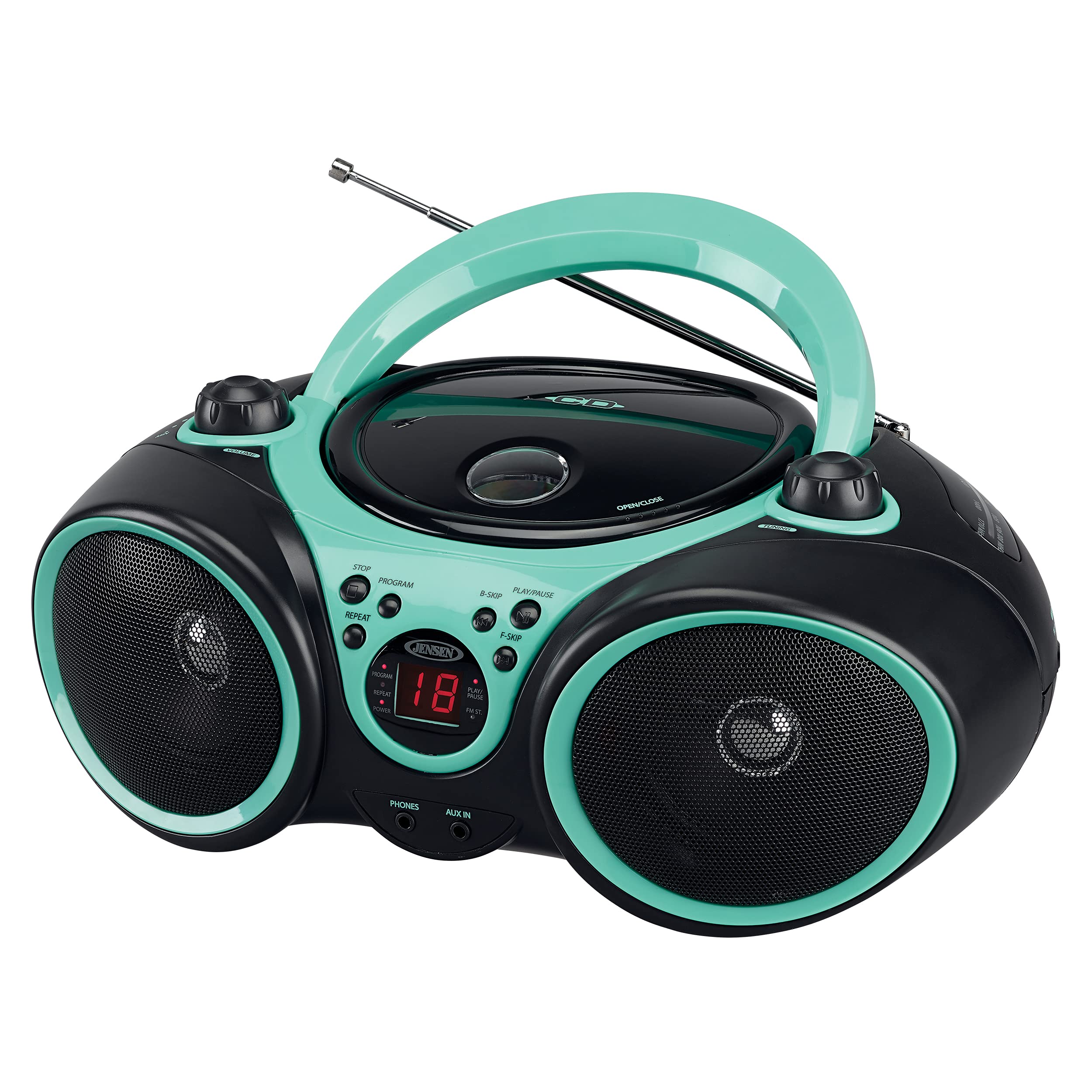 Jensen CD-490 Portable Sport Stereo CD Player Boombox with AM/FM Radio, Aux Line-in & Headphone Jack (Limited Edition Colors) (Aqua Teal)