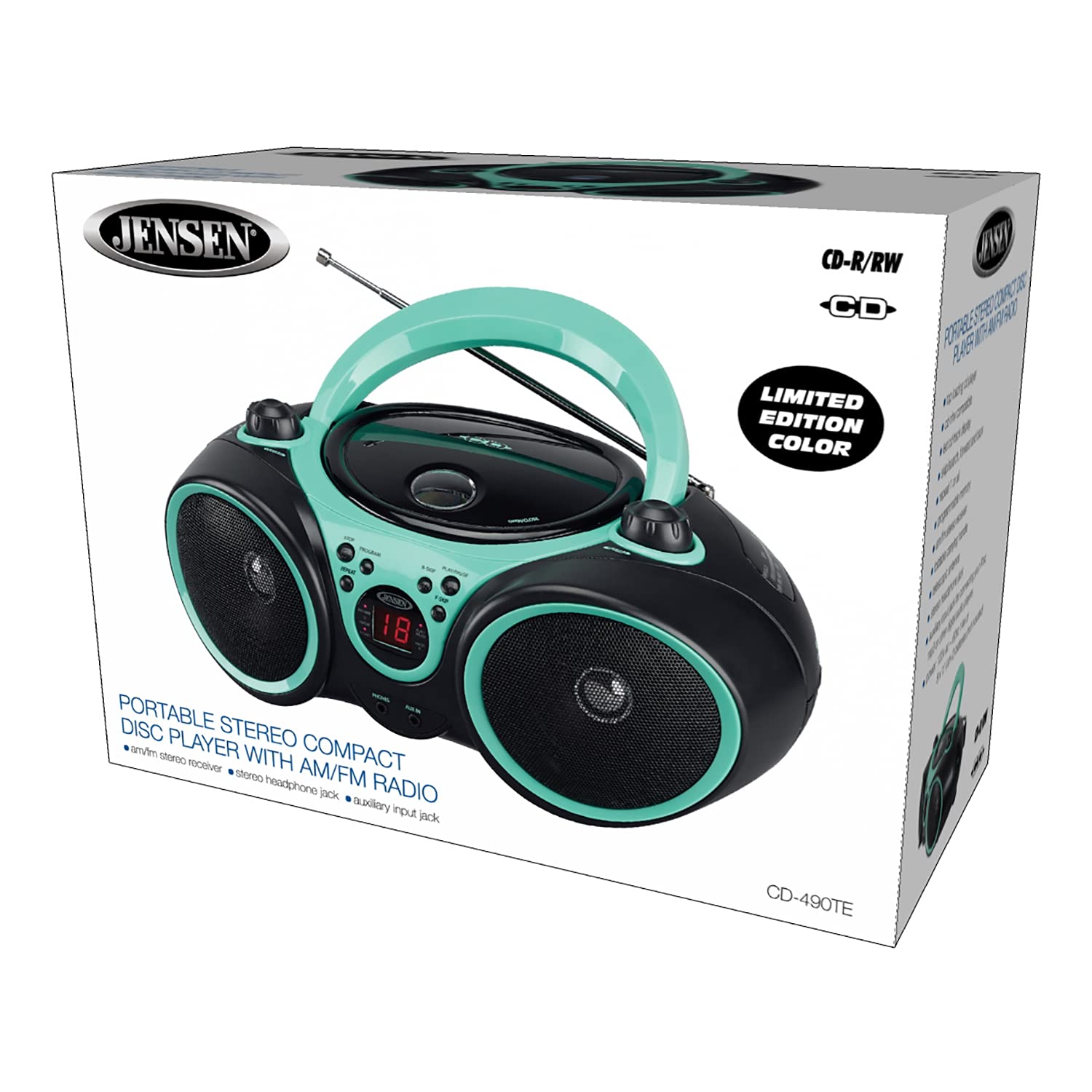 Jensen CD-490 Portable Sport Stereo CD Player Boombox with AM/FM Radio, Aux Line-in & Headphone Jack (Limited Edition Colors) (Aqua Teal)