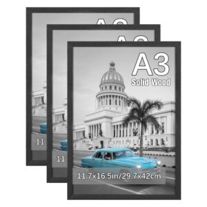 veelot a3 picture frame black solid wood photo frame set of 3 with hd plexiglass for wall collage gallery certificate document wall mounting display home decor(11.7x16.5)