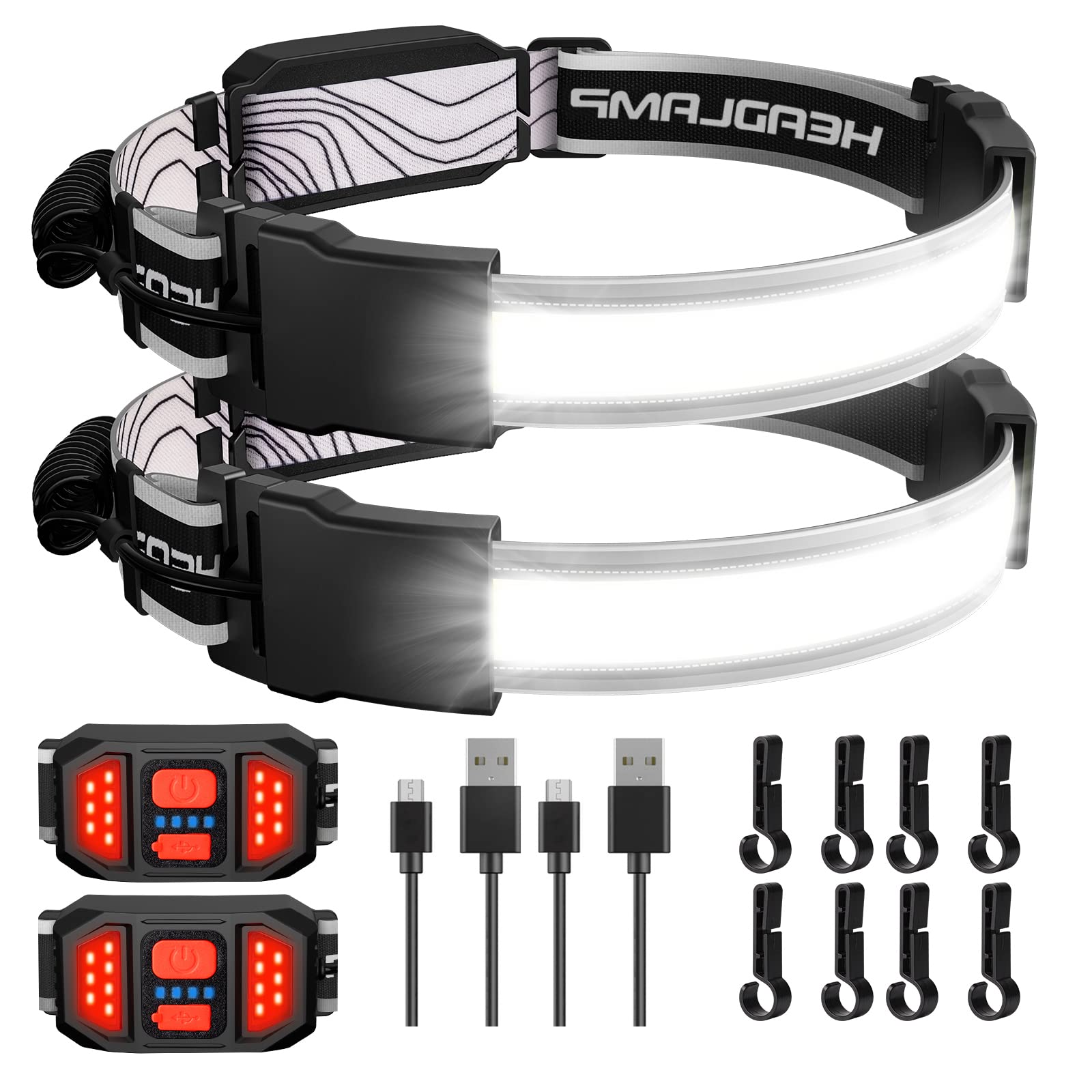 Svjestan LED Headlamp Rechargeable, 1000 Lumen Headlamp Hard hat Light Mechanic Light, 230°Wide Beam Headband Light with Red Tail Light, Lightweight Head Lamp for Running Camping（2-Packs）