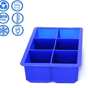 Makya Ice Cube Trays Large Size Flexible 6 Cavity Ice Cube Square Molds for Whiskey and Cocktails, Keep Drinks Chilled (2 Pcs Blue) 6.5x4.5 inch