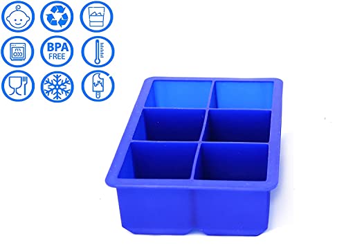 Makya Ice Cube Trays Large Size Flexible 6 Cavity Ice Cube Square Molds for Whiskey and Cocktails, Keep Drinks Chilled (2 Pcs Blue) 6.5x4.5 inch