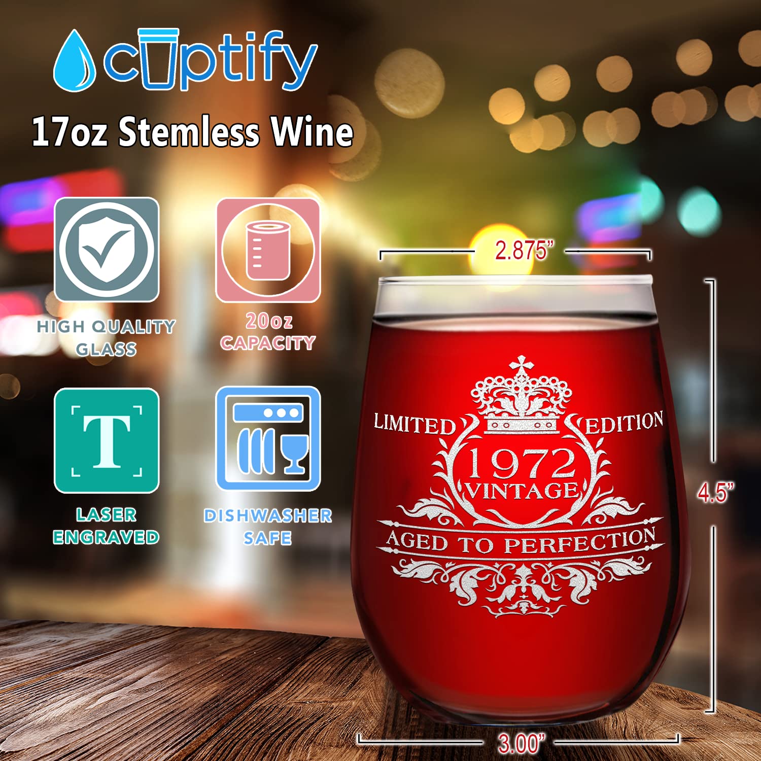 Cuptify 51st Birthday Gifts for Women 1972 Vintage Edition 17 oz Stemless Wine Glass 51 Year Old Birthday Anniversary Presents Party Decorations for Mom