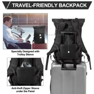 Kasqo Laptop Backpack for Men, 17 Inch Rolltop Large Capacity Water Resistant Travel Casual Daypack, Black