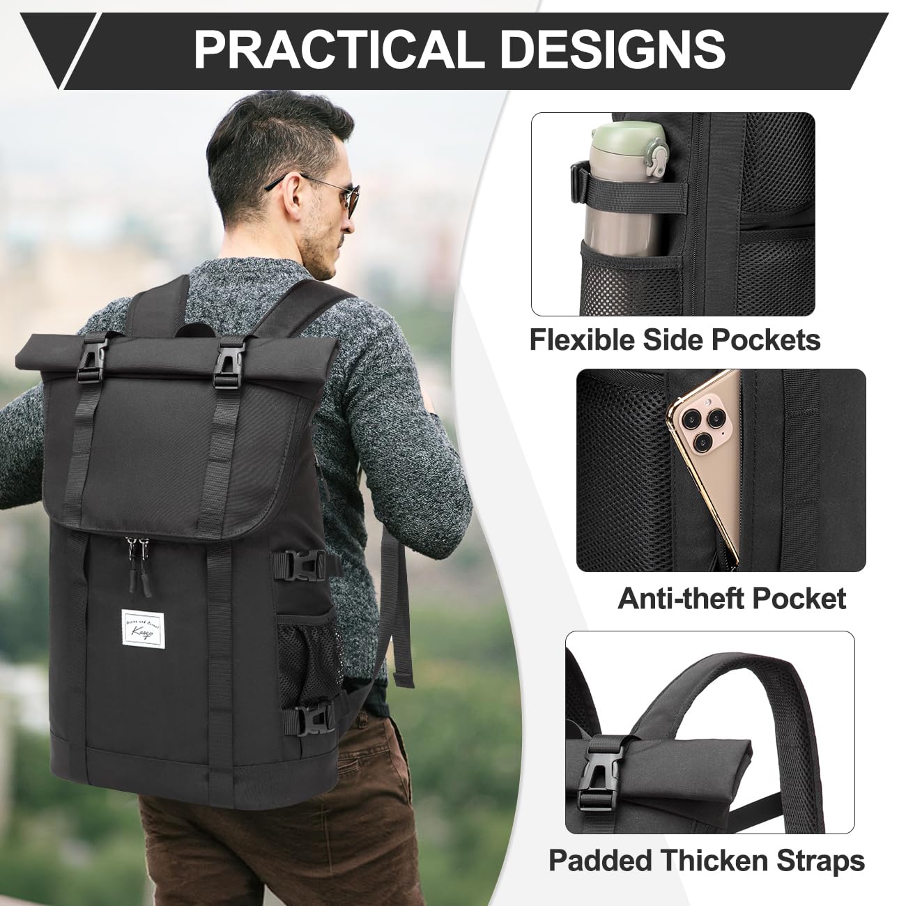Kasqo Laptop Backpack for Men, 17 Inch Rolltop Large Capacity Water Resistant Travel Casual Daypack, Black