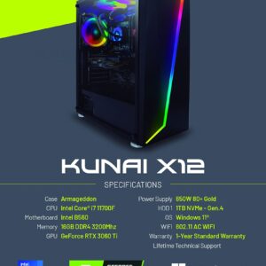 YEYIAN Kunai X12 Gaming PC Desktop Computer, Intel i7-11700F 8-Core 2.5GHz, GeForce RTX 3060 Ti 8GB GDDR6, 1TB NVMe SSD, 16GB DDR4 3200MHz, ARGB Fans, Windows 11, WiFi 5, BT 5.0, 650W Gold PSU