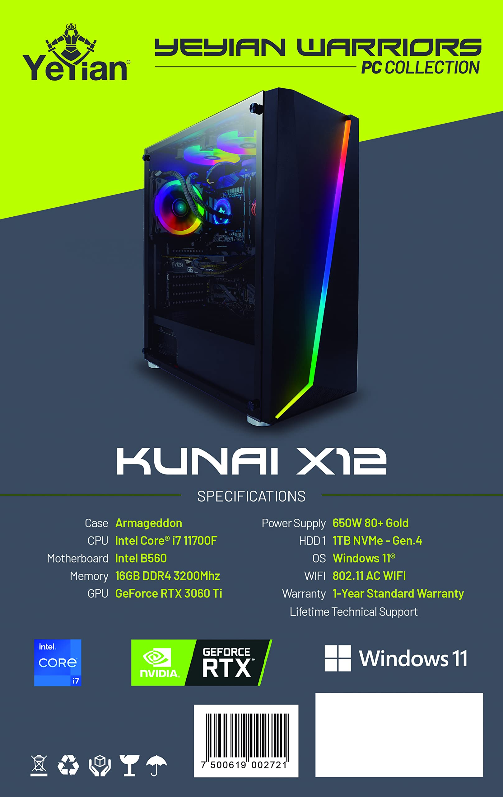 YEYIAN Kunai X12 Gaming PC Desktop Computer, Intel i7-11700F 8-Core 2.5GHz, GeForce RTX 3060 Ti 8GB GDDR6, 1TB NVMe SSD, 16GB DDR4 3200MHz, ARGB Fans, Windows 11, WiFi 5, BT 5.0, 650W Gold PSU