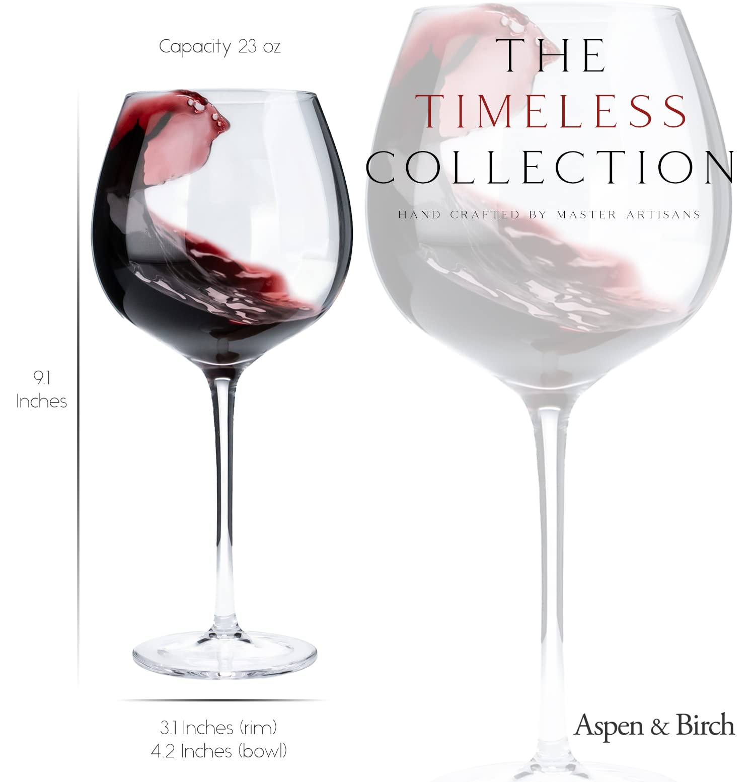 Aspen & Birch - Timeless Wine Glasses Set of 6 - Red Wine Glasses or White Wine Glasses, Premium Crystal Stemware, Long Stem Wine Glasses Set, Clear, 23 oz, Hand Blown Glass Crafted by Artisans