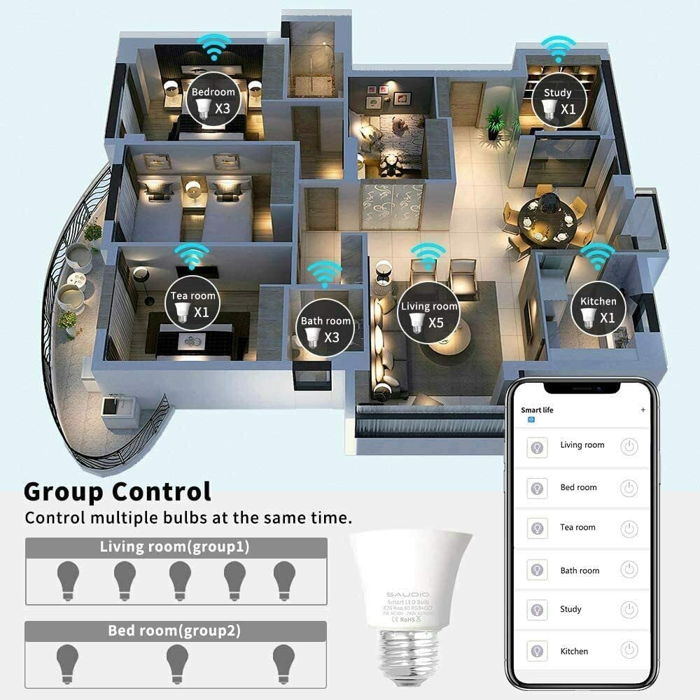 Smart WiFi Light Bulbs SAUDIO LED RGB Color Changing Bulbs Alexa, Echo Google Home & Siri Compatible 2.4GHz WiFi Only No Hub Required, 8W A19 E26 Multicolor 4 Pack