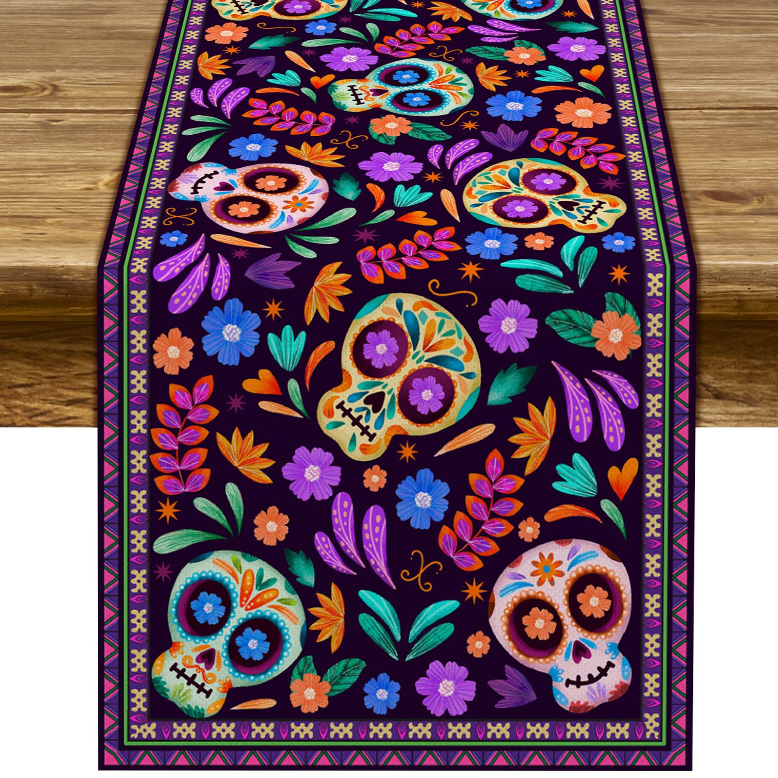 Dia De Los Muertos Table Runner Cinco de Mayo Rustic Linen Mexican Sugar Skull Day of The Dead Altar Decoration for Home Kitchen Dining Room (13" x 72")