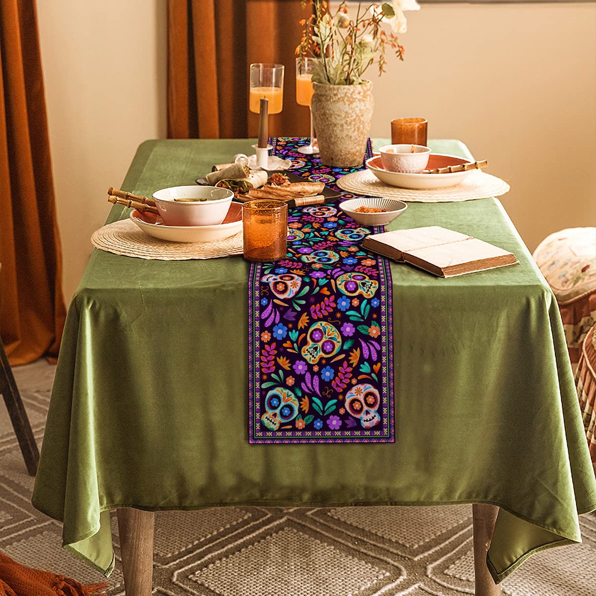 Dia De Los Muertos Table Runner Cinco de Mayo Rustic Linen Mexican Sugar Skull Day of The Dead Altar Decoration for Home Kitchen Dining Room (13" x 72")