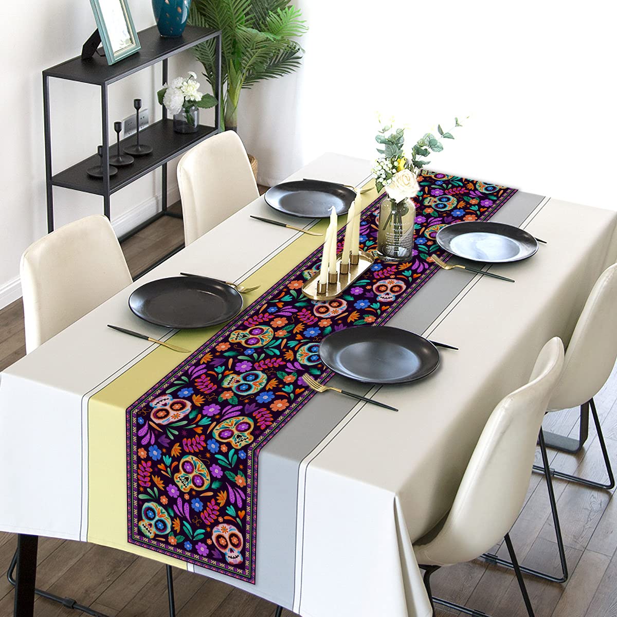 Dia De Los Muertos Table Runner Cinco de Mayo Rustic Linen Mexican Sugar Skull Day of The Dead Altar Decoration for Home Kitchen Dining Room (13" x 72")