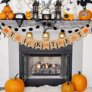 trick or treat halloween banner, 9.2ft/2.8m burlap halloween bunting garland with pumpkin pattern, cute and colorful halloween decorations banner for fireplace wall porch and party