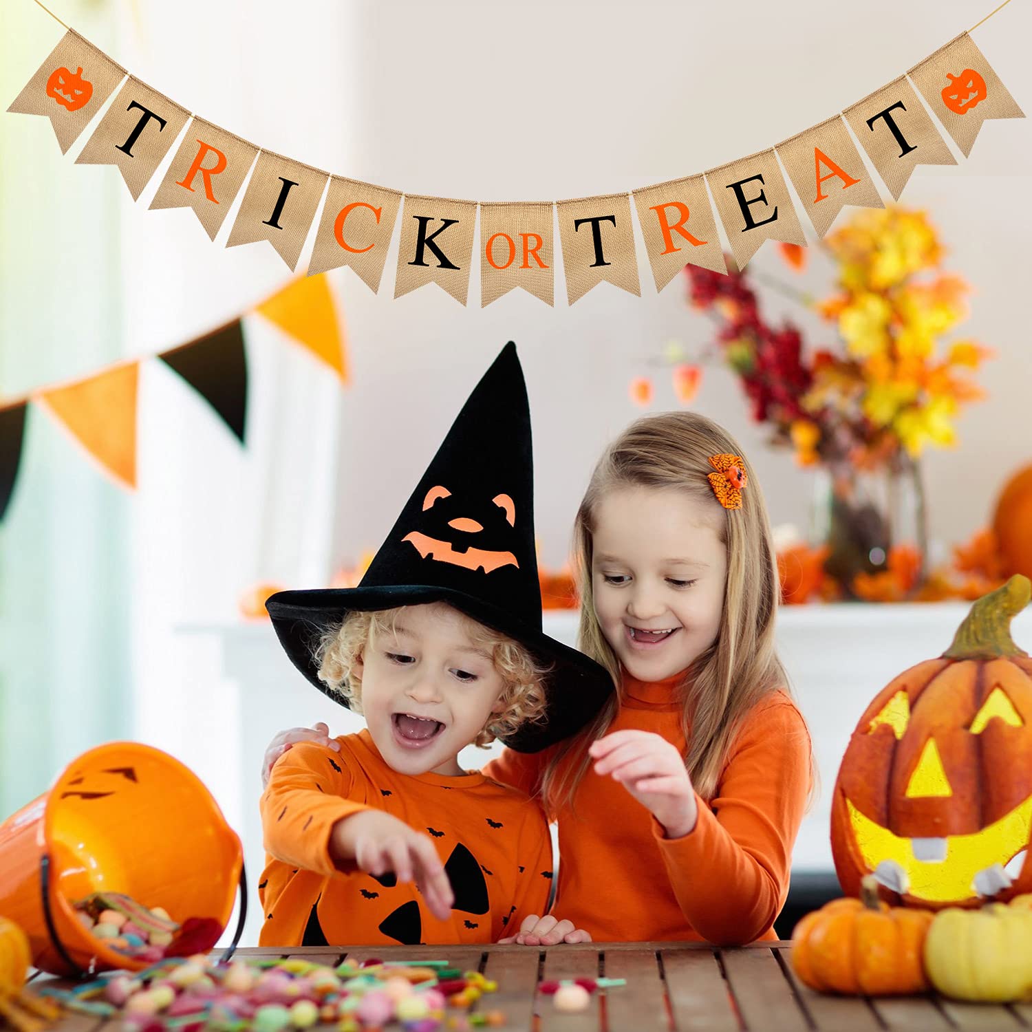 Trick or Treat Halloween Banner, 9.2ft/2.8m Burlap Halloween Bunting Garland with Pumpkin Pattern, Cute and Colorful Halloween Decorations Banner for Fireplace Wall Porch and Party