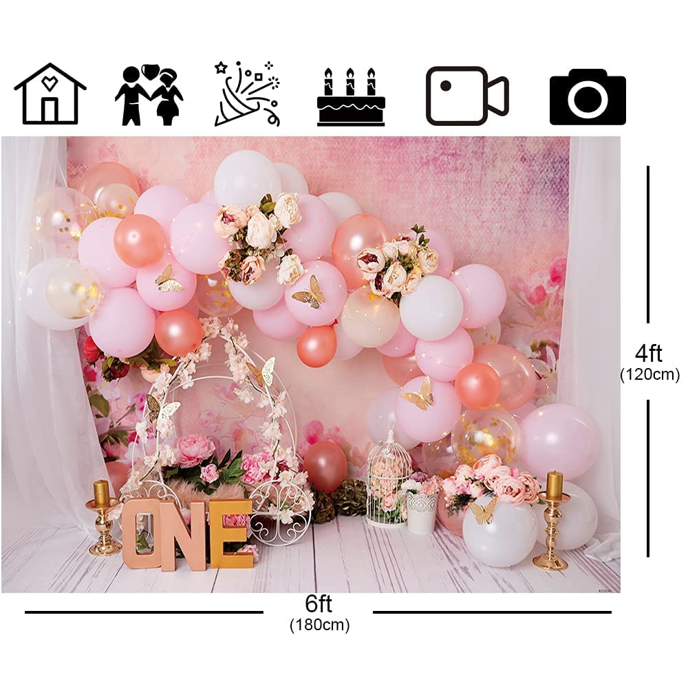 Bellicremas Butterflies Gold Pink First Birthday Photography Background Princess Theme Flowers Pink Carriage Girls 1st Birthday Backdrop One Year Old Cake Smash Banner