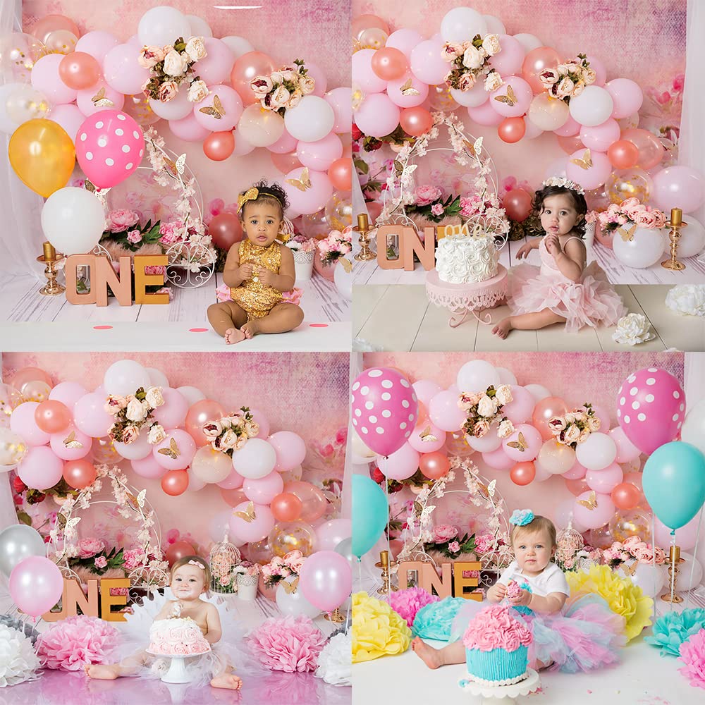 Bellicremas Butterflies Gold Pink First Birthday Photography Background Princess Theme Flowers Pink Carriage Girls 1st Birthday Backdrop One Year Old Cake Smash Banner
