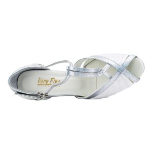 Very Fine Womens Dance Shoe Gabriella Bachata Swing Salsa Latin Ballroom White Satin and Silver 2.5" Heel US 5.5 M