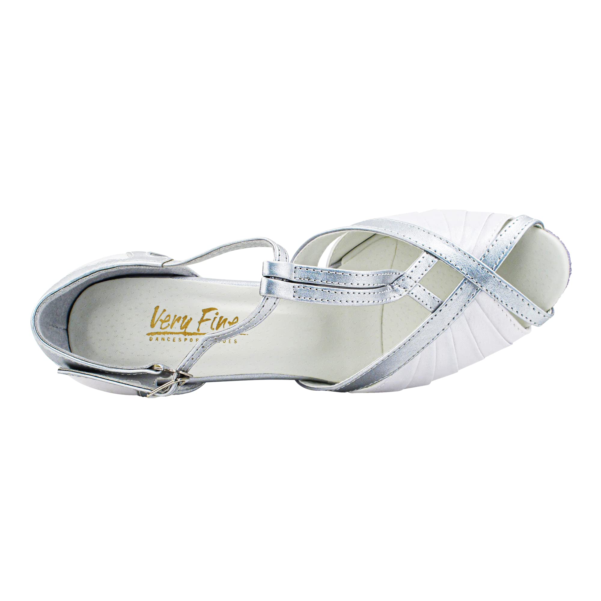 Very Fine Womens Dance Shoe Gabriella Bachata Swing Salsa Latin Ballroom White Satin and Silver 2.5" Heel 9.5 US