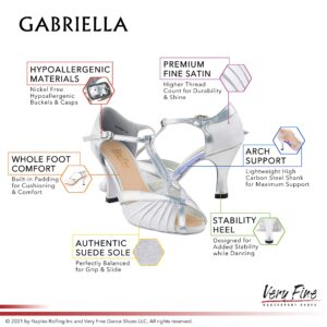 Very Fine Womens Dance Shoe Gabriella Bachata Swing Salsa Latin Ballroom White Satin and Silver 2.5" Heel 7.5 US