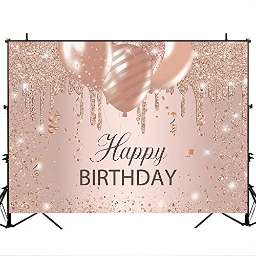 Avezano Rose Gold Birthday Backdrop Glitter Drips Rose Gold Balloons Birthday Background Women Bday Girls Sweet 16 30th 40th 50th 60th Bday Party Backdrops Decorations (7x5)