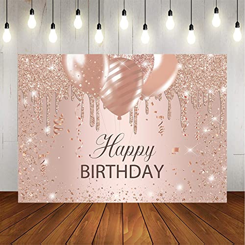 Avezano Rose Gold Birthday Backdrop Glitter Drips Rose Gold Balloons Birthday Background Women Bday Girls Sweet 16 30th 40th 50th 60th Bday Party Backdrops Decorations (7x5)