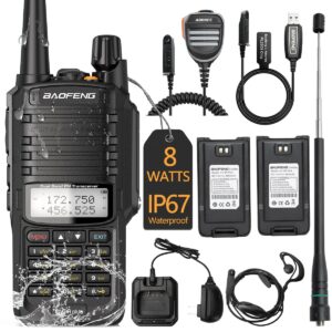 baofeng uv-9r plus 8w power walkie talkie ip67 waterproof uhf/vhf dual band two way radio with programming cable,ar-775 antenna,ar780 waterproof micphone,2pack 2200 mah battery etc full kits