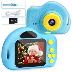 surfouma kids camera for age 3-9 girls boys 1080p hd digital christmas birthday gifts toys toddler children portable multiple photo frames with games 3 4 5 6 7 8 9 year old 32g sd card blue
