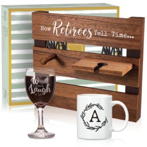 thygiftree happy retirement gifts set, retirement gifts for women men relaxing gifts for retired friends, coworkers, boss, employees, wall-mounted mug holder with mug and wine glass (mug-s)