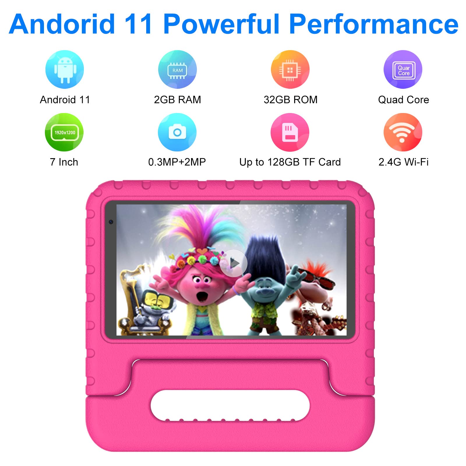 AOCWEI 2023 Kids Tablet, 7 inch Android Tablets for Kid Toddler with 32GB ROM 128GB Expand, WiFi 6, Parental Control, IWAWA Pre-Installed, Cute Kid-Proof Case, Bluetooth 5.0, Learning (Rose Red)