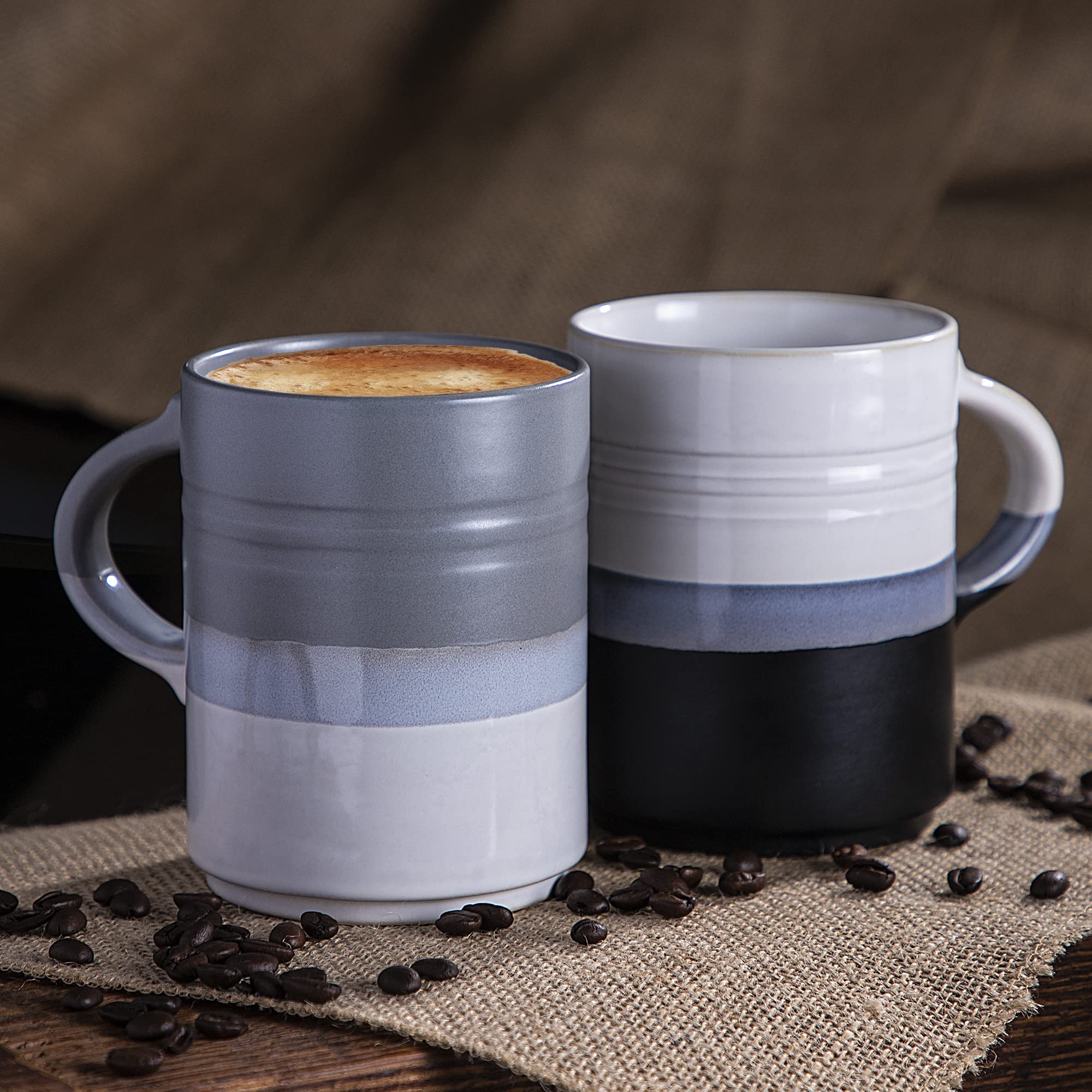 Dwell Studio Set of 2 Stoneware Coffee Mugs- Ombre Printed Coffee Cups, Mugs for Tea, Latte, and Hot Chocolate, 18 oz, Microwave and Dishwasher Safe (Black and Grey)