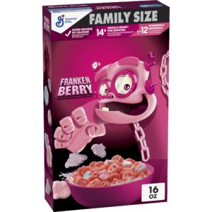 franken berry cereal with monster marshmallows, kids breakfast cereal, limited edition, made with whole grain, family size, 16 oz
