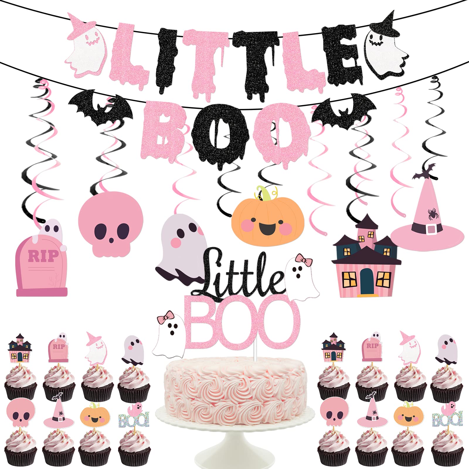 Glitter Pink Little Boo Banner Boo Garland,Bats Decor,Halloween Bats,Halloween Ghost for Halloween Girl Baby Shower,Little Boo Baby Shower Decorations,Pink Black Girl Birthday Party Banner