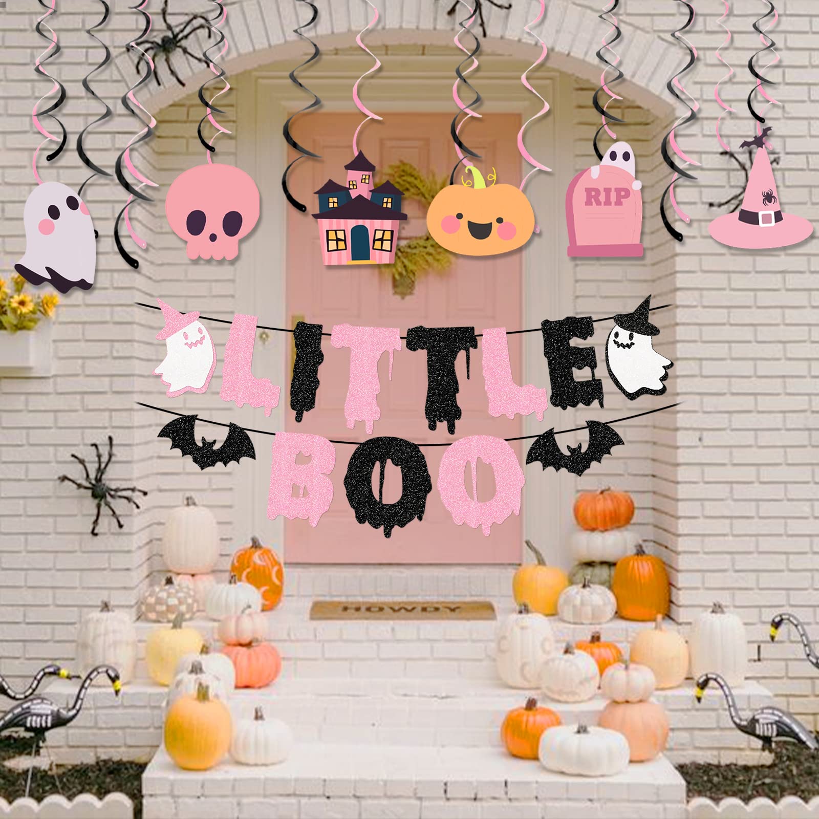 Glitter Pink Little Boo Banner Boo Garland,Bats Decor,Halloween Bats,Halloween Ghost for Halloween Girl Baby Shower,Little Boo Baby Shower Decorations,Pink Black Girl Birthday Party Banner