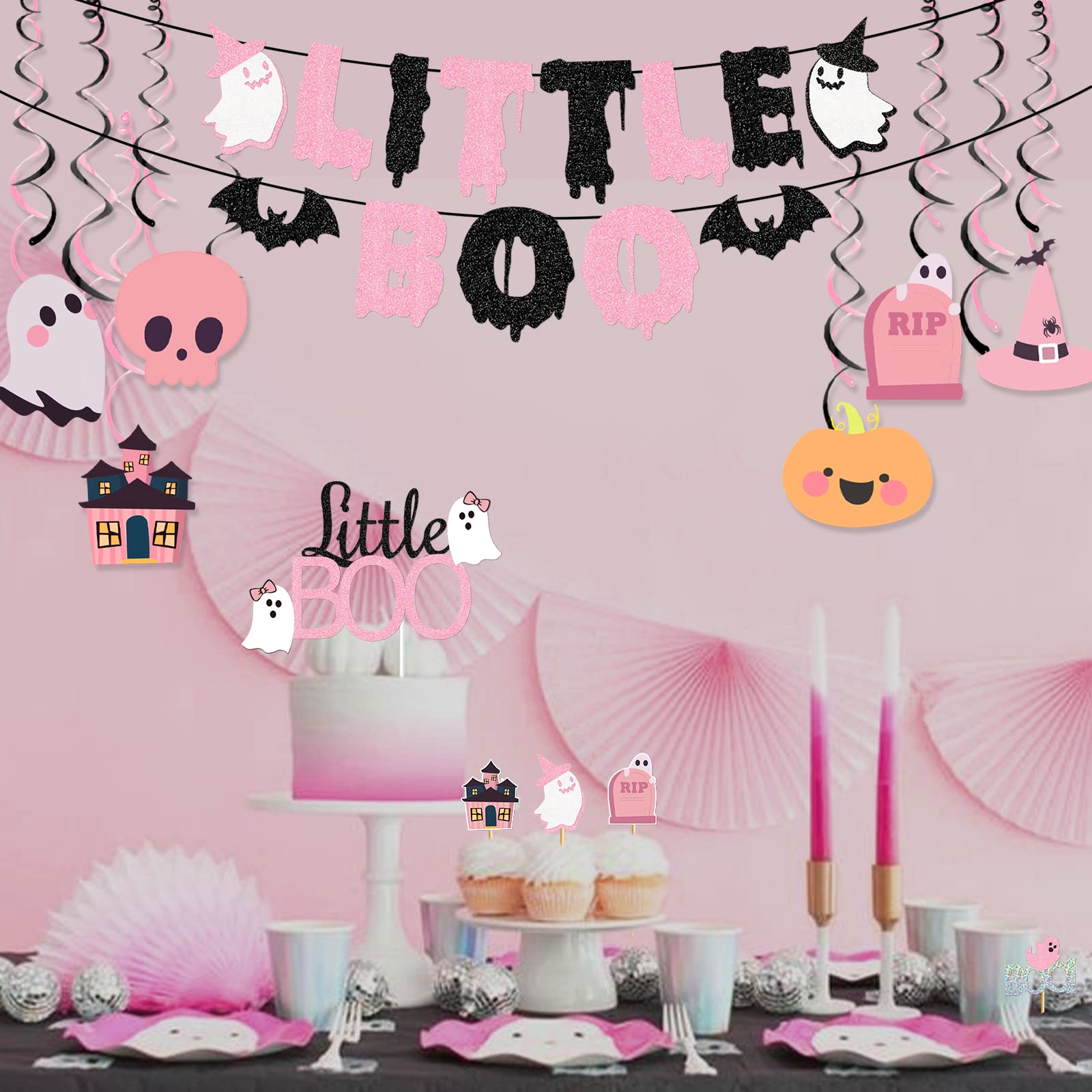 Glitter Pink Little Boo Banner Boo Garland,Bats Decor,Halloween Bats,Halloween Ghost for Halloween Girl Baby Shower,Little Boo Baby Shower Decorations,Pink Black Girl Birthday Party Banner