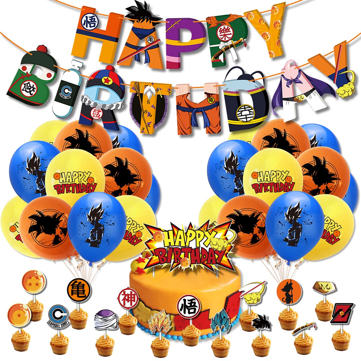 HONGFENG Birthday Party Supplies Set,Includes Happy Banner - Cake&Cupcake Toppers - 24 Latex Balloons for Kids Theme Birthday Party Decoration