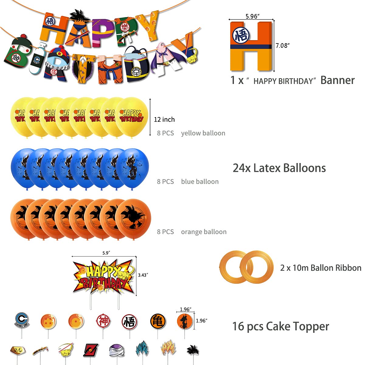 HONGFENG Birthday Party Supplies Set,Includes Happy Banner - Cake&Cupcake Toppers - 24 Latex Balloons for Kids Theme Birthday Party Decoration